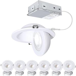 6-Inch Gimbal Recessed Light - 12W 90 Tilt & 360 Rotation, 1300lm, 5CCT (2700K-5000K), IC Rated LED Eyeball Recessed Lighting, for Sloped Ceilings, Soffit Light, HallywayKitchens, White 6 Pack