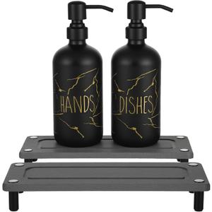 Kitchen Soap Dispenser Set, 16oz Hand and Dish Soap Dispenser Set with 2 Instant Dry Trays, Stainless Steel Pump, Refillable Glass Bottle for Kitchen and Bathroom Countertop (Black)