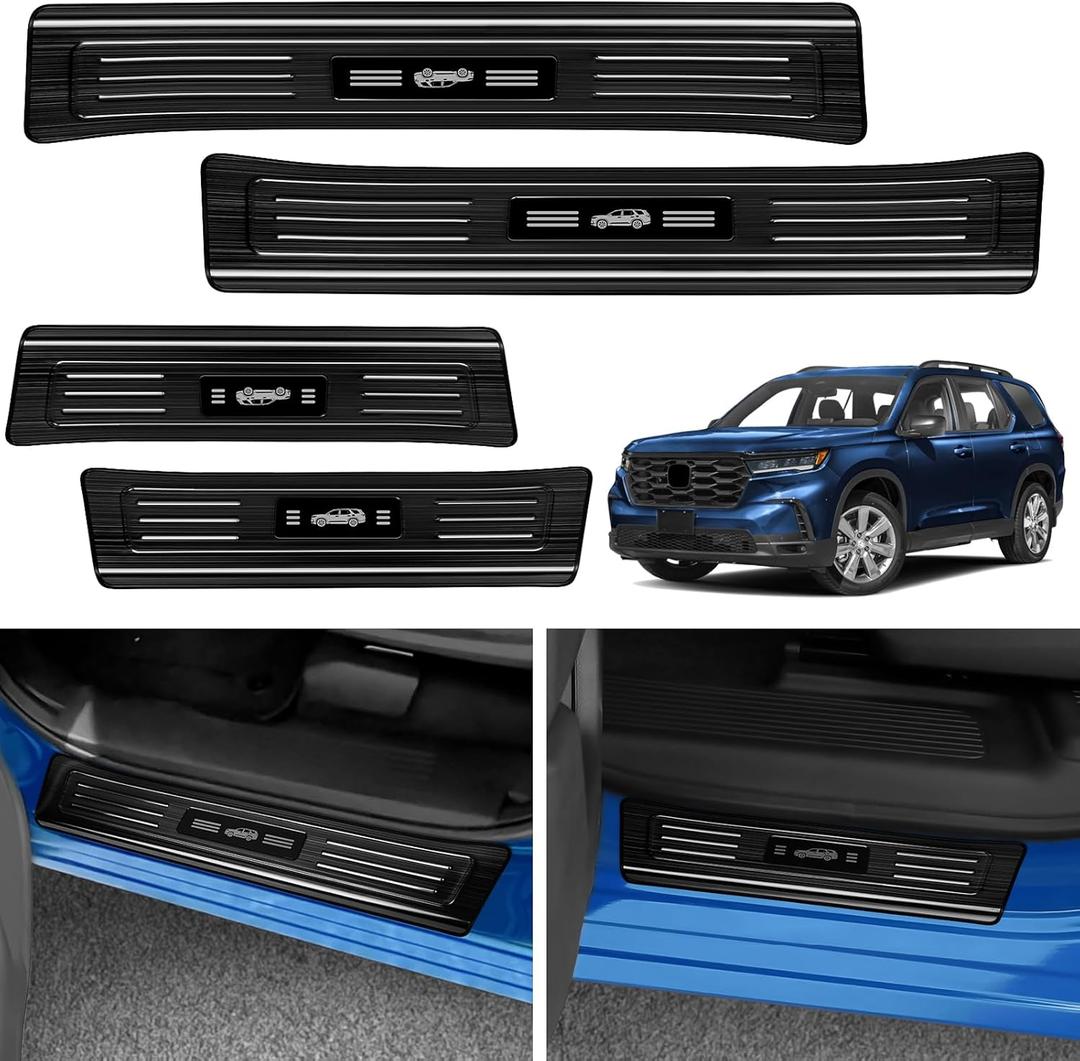 YOJOJOCO 4PCS Door Sill Protector for Honda Pilot 2025 2024 2023 Accessories Black Brushed Stainless Steel Front and Rear Door Car Pedal Kick Guards Protection