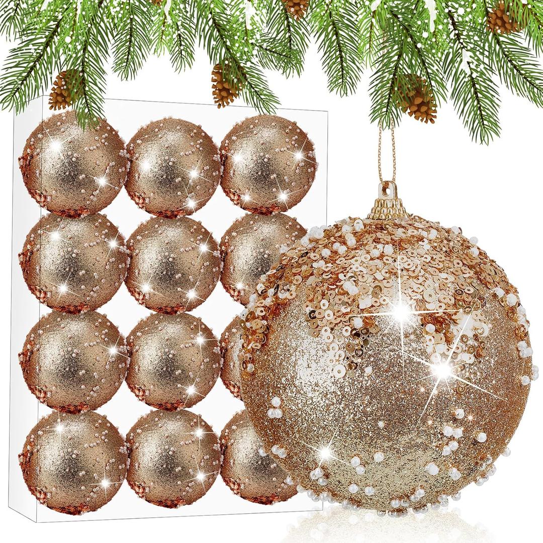 12 Pieces 3 Inch Christmas Ball Ornaments Glitter Sequin Balls Christmas Tree Balls Shatterproof Decorative Xmas Bauble Hanging Set for Xmas Holiday Decor(Champing Gold)