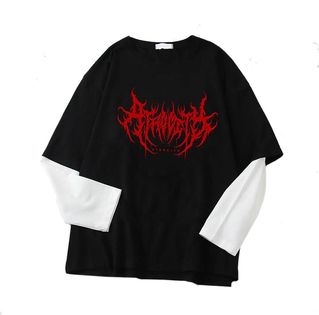 Goth Shirt Fake Two Piece Alternative Clothing Retro Baggy Long-Sleeved Top Garbage T-Shirts (XX-Large, Red)