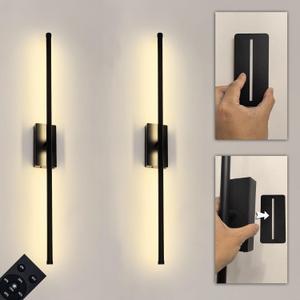 Easy Install Peel and Stick on Battery Operated Wall Sconces Set of 2 Rechargeable, Magnetic Linear Wall Sconce Wireless Long Picture Vanity Wall Light for Living Room Bedroom (2 Pack, 28.3'', Black)