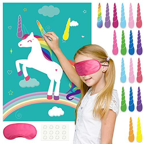 FEPITO Pin The Horn on Unicorn-game for Kids Birthday Party Game with 24 Horn Stickers Birthday Poster for Kids Unicorn-Birthday Girls Rainbow Party Favors Supplies Decoration Home Wall Decor Backdrop