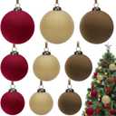 Aneco 18 Pcs Velvet Christmas Ornaments Bulk, 3 Sizes Flocked Christmas Tree Ball, Plastic Xmas Decorative Hanging Ornaments with 18 Ribbons for Xmas Holiday Wreath Tree Decor (Red, Beige, Brown)