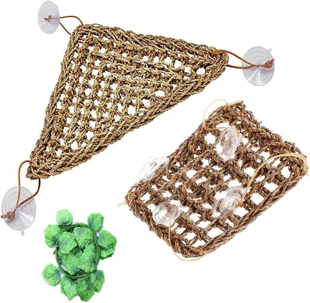 Tfwadmx 2 Pack Bearded Dragon Hammock, Reptile Climbing Decor, Lizard Lounger 100% Natural Seagrass Fabric Hammock for Reptiles, Geckos, Anoles, Iguanas, Hermit Crabs, Triangular (2 pcs Climbing pet Hammock + large leaf)