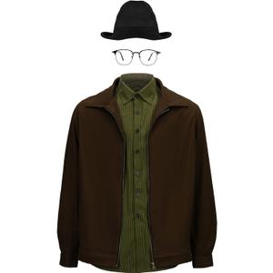 Mens Walter White Jacket Shirt Costume Heisenberg Coat Hat Glasses Windbreak Outfit Halloween Cosplay Suit (Small)