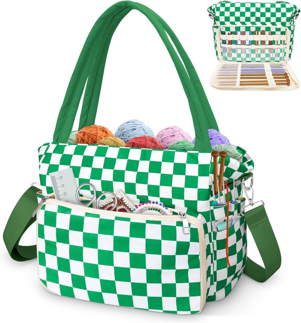 DALINDA Crochet Bag and Tote - Yarn Bag Crochet Storage Bag for Crochet Supplies, Crochet Accessories, Knitting Bag for Crochet Lovers, Ideal Crochet Gifts (Green Plaid)