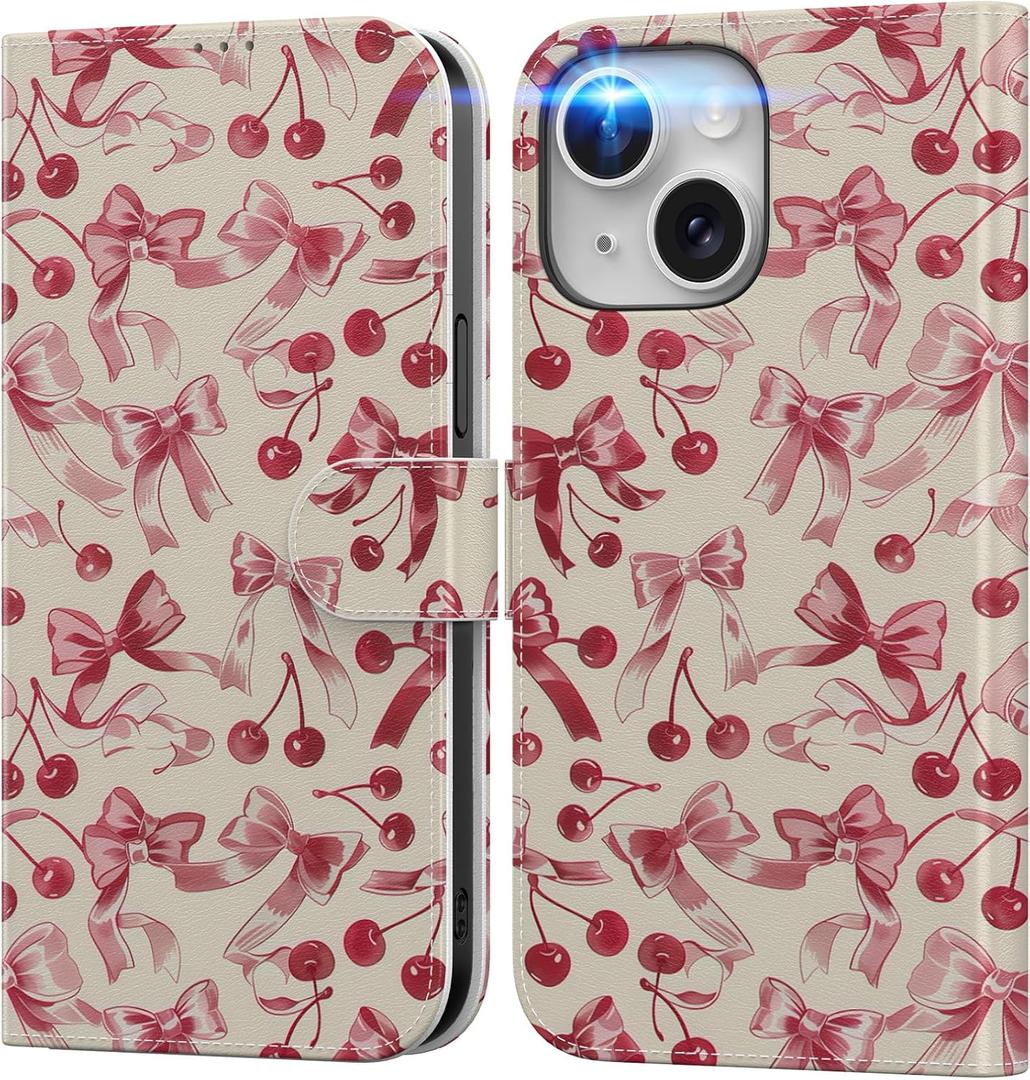 DEENAKIN for iPhone 14 Plus Wallet Case with Card Holder + Cash Clip, RFID-Blocking, Military-Grade Drop Protection & UV-Printed Artwork, Magnetic Closure with Leather Stand - Red Cherry and Bows