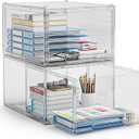 2 Packs Plastic Stackable Storage Drawers, Clear Desktop Drawer Organizers, 2 Drawer Storage Organizer, Make up Organizer with Drawers, Arcylic Drawers Organizer for Office Supplies, School, Home