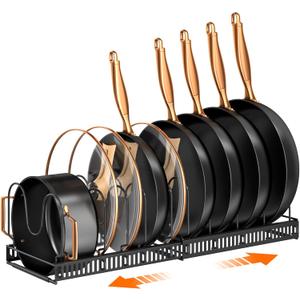 MUDEELA Pots and Pans Organizer : Rack for under Cabinet, Expandable Pot Lid Kitchen Cabinet Organizer Holder with 10 Adjustable Compartment, for Cutting Board, Cast-iron Pan, Heavy Cookware