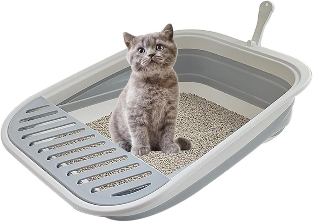 Collapsible Kitten Litter Box, 17.7 x 13.4 x 5 inch Open Cat Potty Pan with Scoop Foldable Shallow Cat Toilet Anti-Splashing Low Entrance Travel Litter Box with Falling Sand Pedal Grey