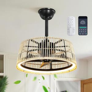 KAISITE Ceiling Fan with Light and Remote Control 20 Inch Boho Rattan Ceiling Fan Dimmable LED Fan Light with APP Control Semi Flush Mount Fandelier for Bedroom Living Room