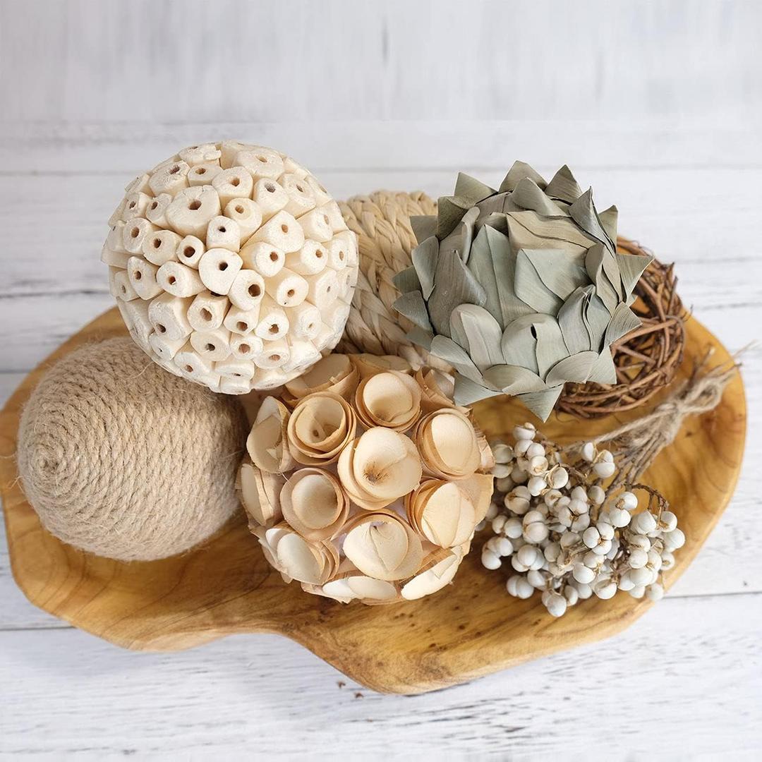 CIR OASES 6pcs 3.5inch Woven Wicker Rattan Balls Decorative Ball Twig Orbs Green Orbs Vase Bowl Filler for Tabletop Decor (Beige White)