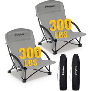 KingCamp Low Beach Chair, High Back Folding Camping Chair for Adults, Oversized Breathable Mesh Seat, 300lbs Heavy Duty Portable Chair with Cup Holder & Storage Pockets for Beach, Outdoor