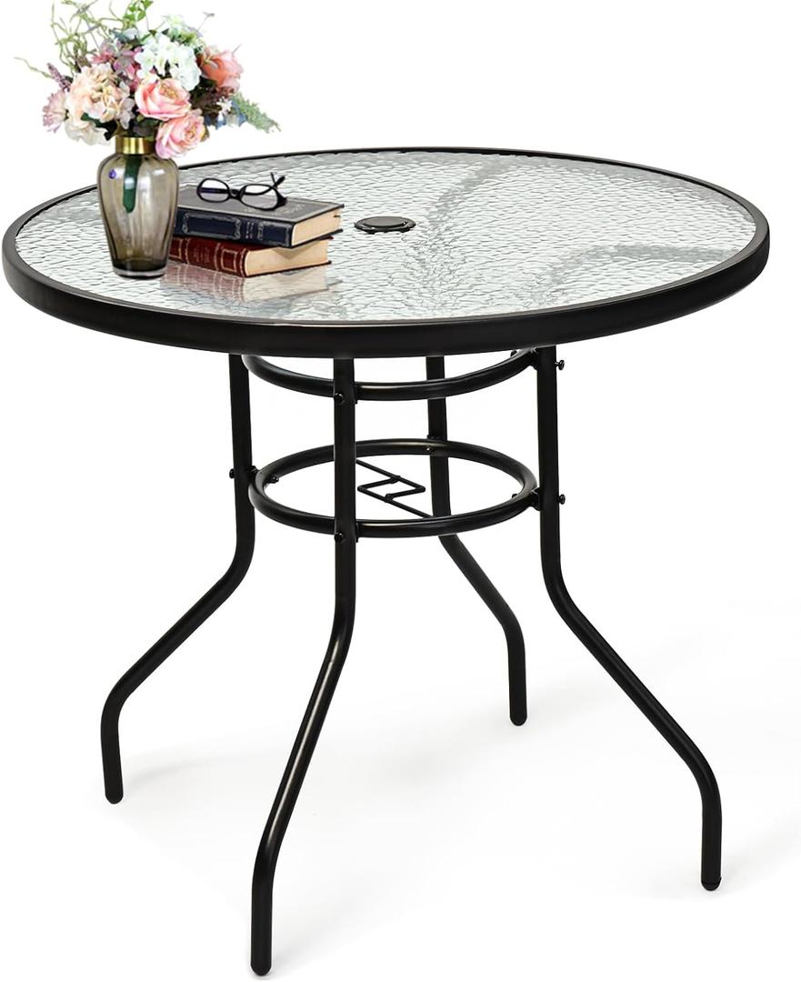ReunionG 32" Outdoor Bistro Table, Tempered Glass Round Cafe Table with 1.65" Umbrella Hole, Metal Frame, Coffee Dining Tables for Patio Balcony Garden Deck, Black