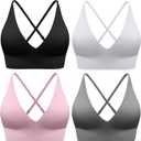 Evercute Women's Sports Bras Adjustable Deep V Neck Bras Wireless Spaghetti Strap Criss Cross Padded Low Support Sexy Bras (Medium, Black White Gray Pink 4 Pack)