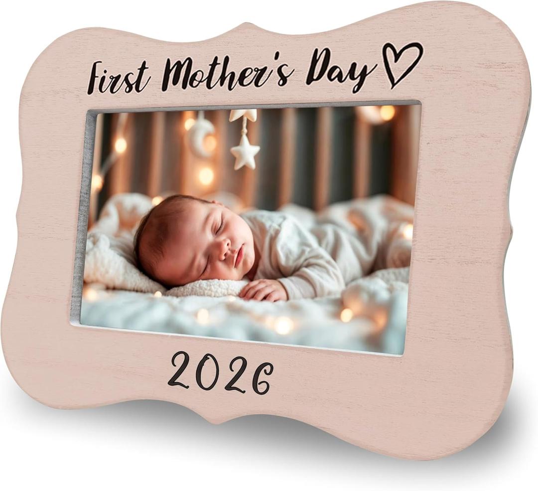 Our First Mother'S Day - Wooden Baby Photo Frame - Pink Frame With Stand, Fits 4X6 Inch Baby'S Photo, Baptism Gifts For Boys And Girls, Holiday Gift For Mom, Children'S Room Decoration - A01