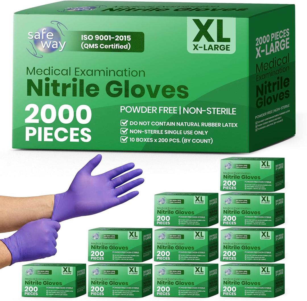 SAFEWAY USA 2000 pcs, 4 Mil Nitrile Disposable Gloves - Multi-Purpose Powder-Free and Non-Latex Textured Fingertips