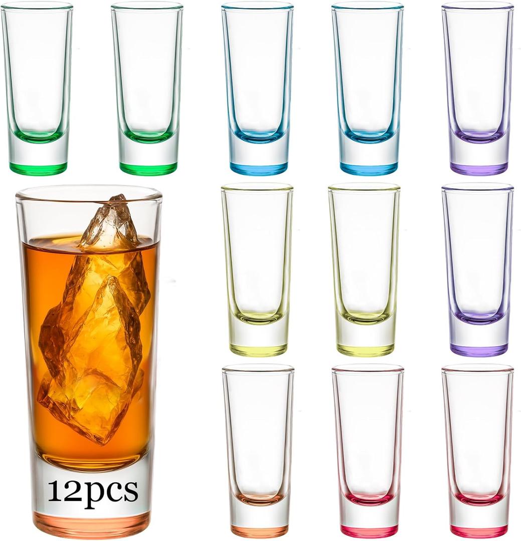 Ruckae 12 Pack 2 OZ Shot Glasses Set Gradient Colorful Shot Glasses Bulk with Heavy Base Bar Cylinder Glass Shot Cups for Vodka Tequila Whiskey Liquor Cocktail