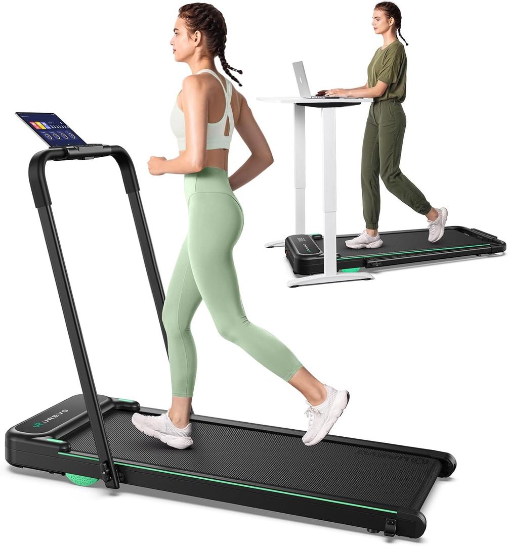 UREVO Strol 2E Smart 2-in-1 Folding Treadmill, Compact Walking Pad with Safety Handle, Plug and Play, Standing Desk Treadmill with Dual LED Display, Smart APP, Walking or Running for Home Office (Flaxen)