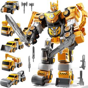 JUKUDAHU 5-in-1 Robot Toys Cars for Kids 3-5, Magnetism Transforming Robots, Detachable Construction DIY Assembling Vehicle Sets, Educational Toys for Boys Girls 3 4 5 6 7 8, Birthday Gifts(Yellow)