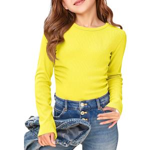 ZDC Kids Girls Long Sleeve Shirts Casual Crewneck Ribbed Knit Tops (Yellow)