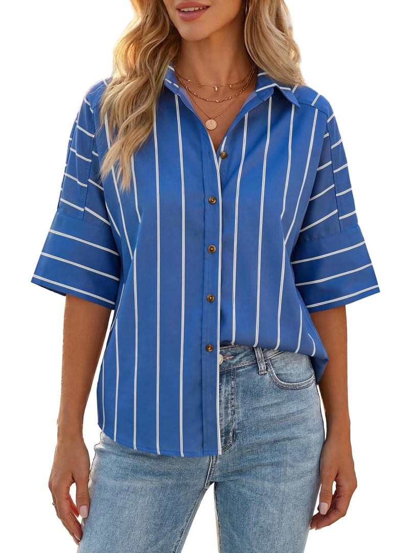 Cicy Bell Women Striped Button Down Shirt Short Sleeve Collared Blouse Tops (Blue)