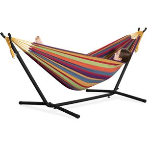 PNAEUT Double Hammocks with Stand for Outside, Portable Space Saving Heavy-Duty Steel Stand for Indoor Outdoor Patio, 450 lbs Capacity (Tropical)