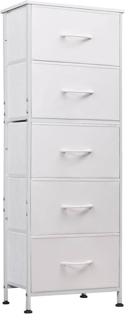 WLIVE Fabric Dresser, 5-Drawer Tall Dresser for Bedroom, Storage Dresser Organizer with Fabric Bins, Wood Top, Sturdy Steel Frame, Chest of Drawers for Closet, Hallway, White