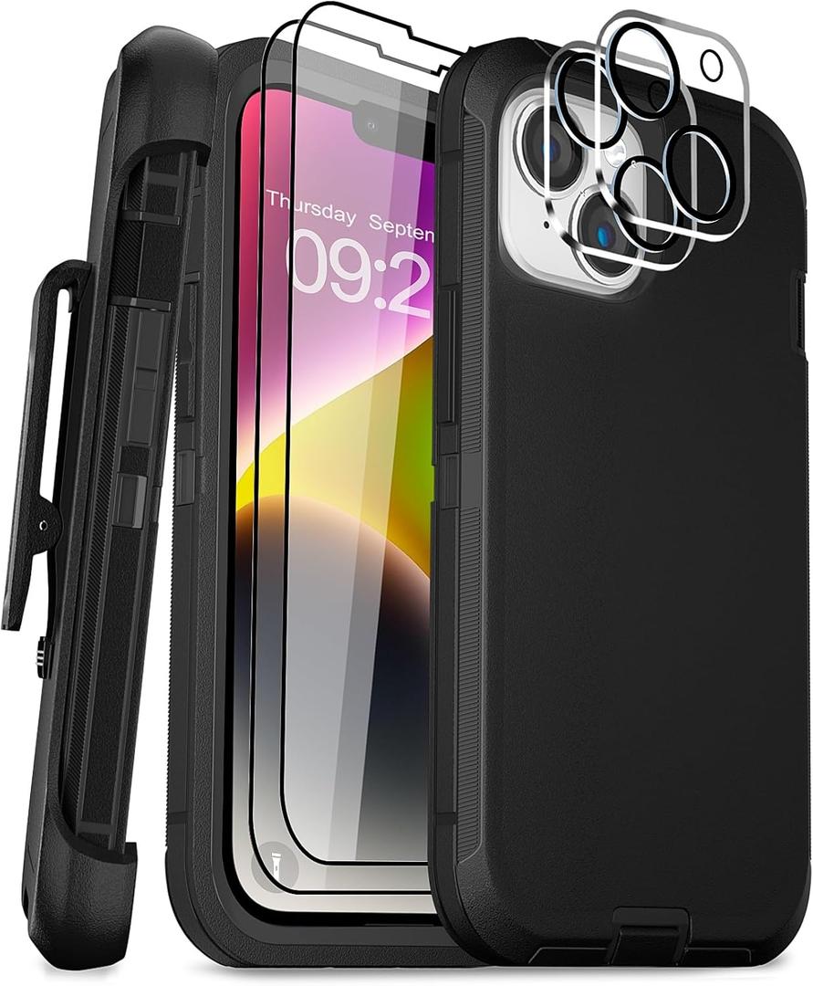 for iPhone 14 Case 6.1" Belt-Clip Kickstand with 2 Screen Protector & 2 Camera Lens Protector, Full Body Protection Heavy Duty Case Cover (Black+Clip)