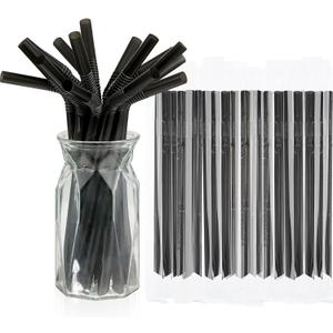 Tessco for you 300 Pcs 9.06 Inch Jumbo Smoothie Straws Large Bubble Tea Striped Plastic Straws Individually Wrapped Wide for Milkshake Juice Drinking(Flexible,Black)