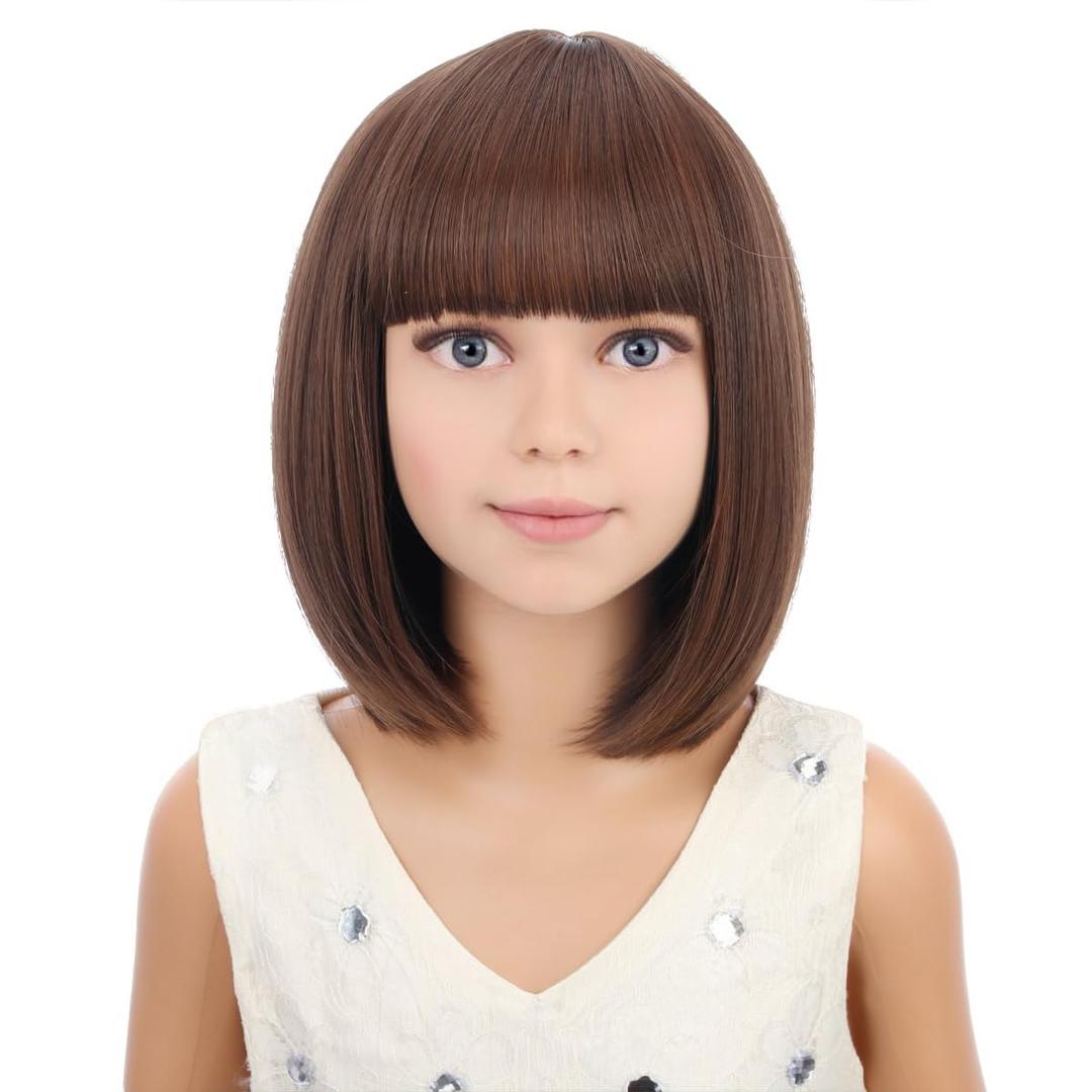 Kids Short Brown Bob Wig Child Girls Chocolate Brown Bob wig with Bangs Cosplay Party Synthetic Wig Rose Net Daily Wear Wig