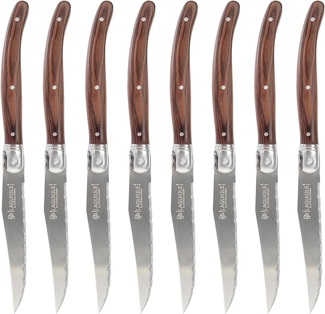 Laguiole Style Steak Knives Set of 6, Serrated Stainless Steel Steak Knife Set, Elegant French Design, Dishwasher Safe, Gift Box for Dinner & BBQ (wood-8)