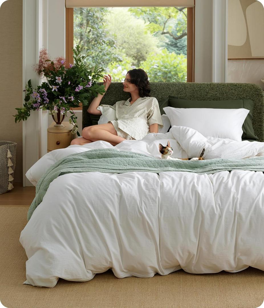Bedsure 100% Washed Cotton Duvet Cover Oversized King - Natural White Minimalist Bedding Set Linen Like - PureWoven Plain Simple & Soft Duvet Cover 3-Piece (Natural White, Oversized King, 120"x98")
