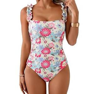 Eomenie Women's One Piece Swimsuit Tummy Control Square Neck Bathing Suit Ruffle Straps Ribbed Swimwear (M, Pink Teal Floral)