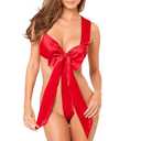 Women Sexy Satin Lingerie Unwrap Me Babydoll Red Big Bow Teddy Costume Bodysuit Backless Nightwear One Piece Underwear Naughty Bowknot Sleepwear for Ladies Valentine's Gift Christmas Bride Outfit