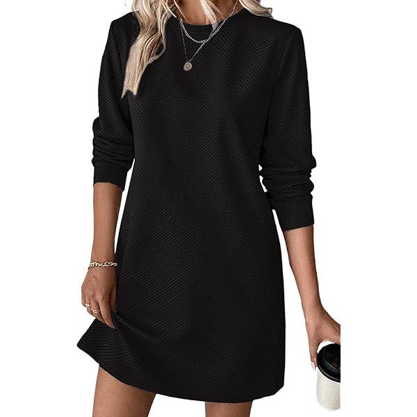 Vrtige Women's Drawstring Waist Long Sleeve Crew Neck A Line Mini Dress with Pocket, S
