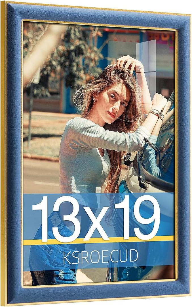 13x19 Velvet Picture Frame, Navy Blue 13x19 Velvet Photo Frame with Vintage Gold Border, 13 by 19 Poster Frame with HD Real Glass Horizontal & Vertical Display for Tabletop and Wall Decor (1 Pack)