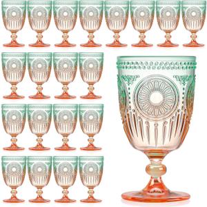 XUWAIDSGN 24Pcs Plastic Vintage Wine Glasses 13.5oz Reusable Embossed Goblet Glasses Green Orange Gradien Retro Wine Glassware Unbreakable Stemmed Champagne Water Cups for Cocktail Juice Wedding, 3.5"x 6.3"
