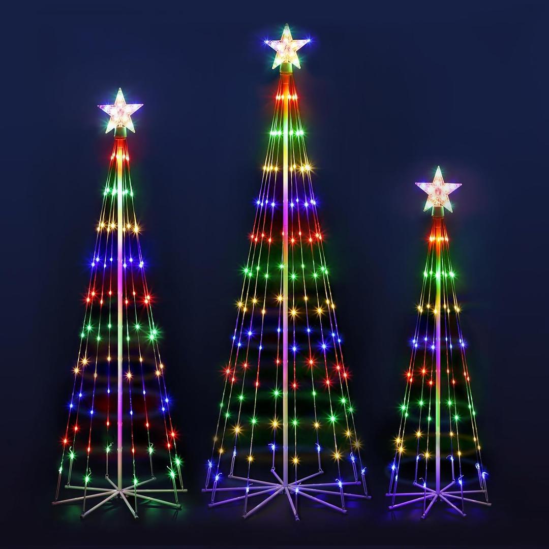 OUSHENG 3 Pack LED Outdoor Christmas Tree Light Show Decorations, Outside Lighted Cone Xmas Decor with Star Toppers for Yard Porch Backyard Patio, 4 Colors, 4ft 5ft 6ft