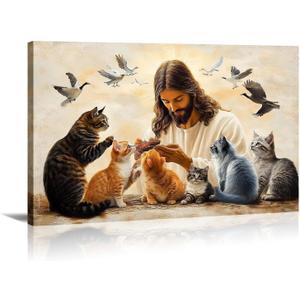 Jesus Canvas Art Christ Wall Decor Framed God Surrounded By Cats Picture Christian Painting Religion Artwork for Living Room Ready to Hang - 16.00"x24.00"