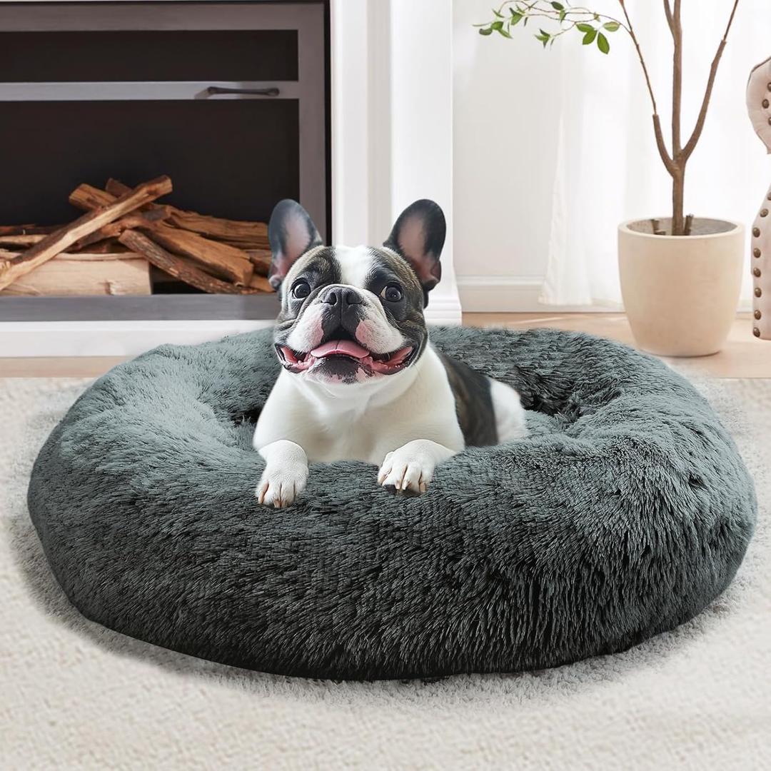 JOLLYVOGUE Calming Dog Bed Medium Size Dog, Anti-Anxiety Donut Medium Pet Bed, 27 inches Fluffy Faux Fur Round Cat Bed (Navy Grey)