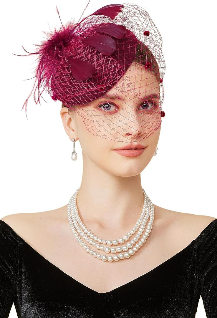 BABEYOND Fascinator Hat Veil Feather Fascinators Hair Clip Tea Party Pillbox Derby Hat Fascinator Bridal Wedding (Ancora Red)