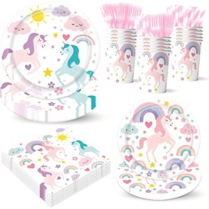 Unicorn Themed Party Decorations Supplies Rainbow Unicorn Themed Party Tableware Set Include Plates, Cups, Napkins,Cutlery and Straw for Baby Shower, Birthday Party Decorations Serves 24