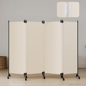 Kokorona 4 Panel Room Divider, Folding Privacy Screen Wall Dividers with Lockable Wheels, Freestanding Partition Divider for Room Separation, Portable Room Divider, 97''W x 72''H, Beige