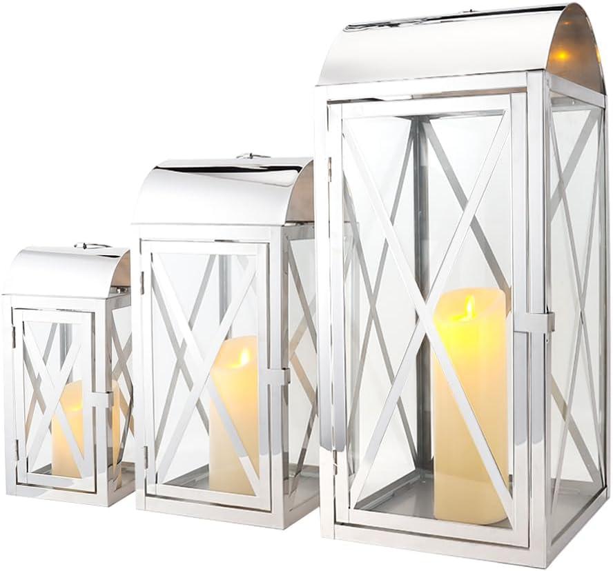 TRIROCKS Set of 3 Stainless Steel Candle Lantern 20.5/15/11'' High Decorative Outdoor Lantern Metal Candle Holder with Tempered Glass for Home Decor Living Room Parties Events Indoors Outdoors(Silver)