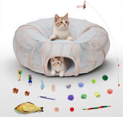 MOYMO Mesh Cat Tunnel Bed with 20 Cat Toys, Collapsible Play Tunnel for Indoor Cats,Visible Cat Tube for Kitten Puppy