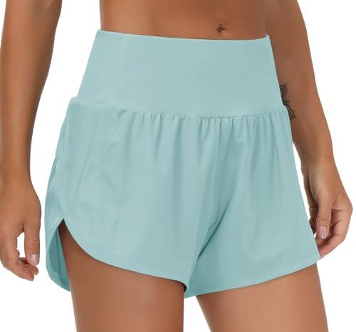 THE GYM PEOPLE Womens High Waisted Running Shorts Quick Dry Athletic Workout Shorts with Mesh Liner Zipper Pockets Light Blue M