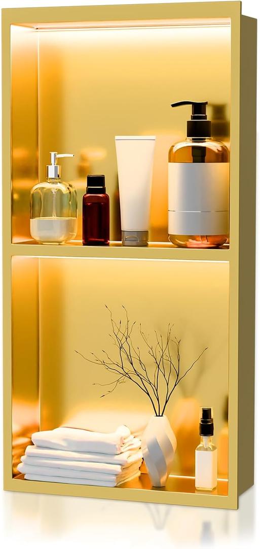 24 x 12 Inch LED Light Shower Niche Stainless Steel Niche No Tile Needed with Light Double Layer Recessed Wall Niche Insert Shower Niche Shower for Bathroom Storage(Gold)