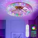 Crystal Chandelier Ceiling Fan with Lights，Smart Bladeless RGB-LED Fan Light with Remote/APP Control, 22" Modern Low Profile Flush Mount Fandelier for Living Room, Dinning Room, Bedroom, Medium